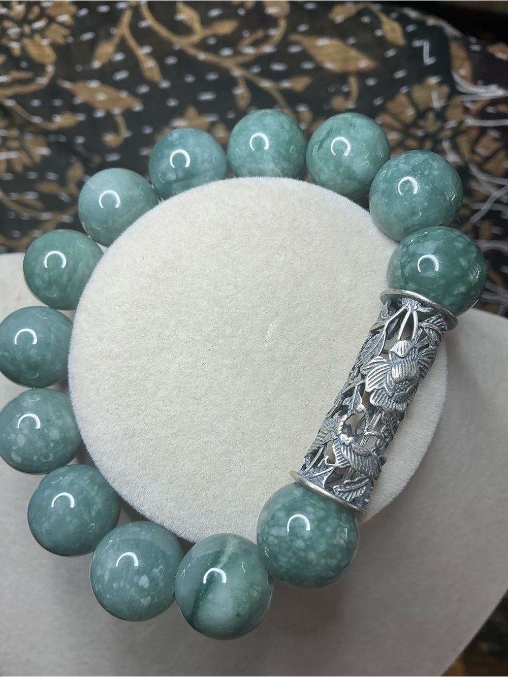 Blue Water Jade 13mm with Luna Moth Tibetan Bridge - Picture 4 of 4